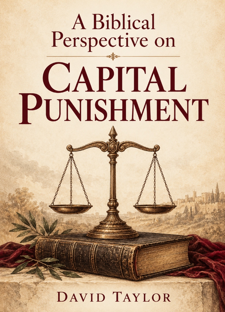 Book cover of A Biblical Perspective on Capital Punishment by David Taylor, featuring brass balance scales resting on an antique leather-bound Bible